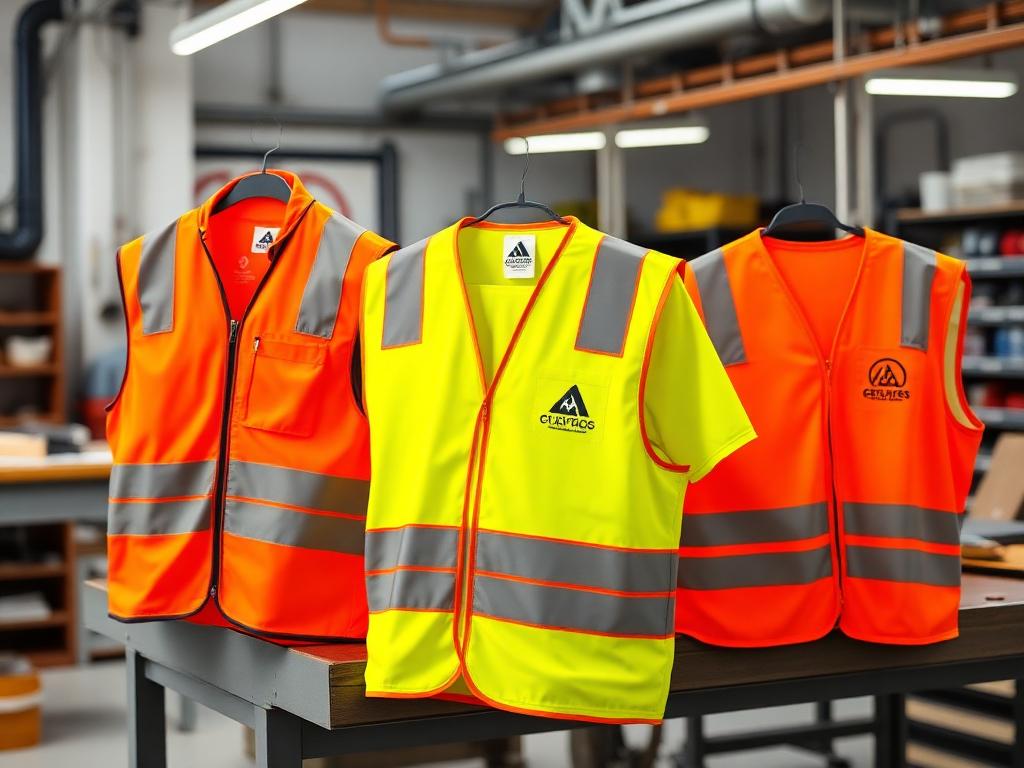 Orange and yellow hi-vis safety vests with reflective stripes and a printed logo, hanging over a workbench
