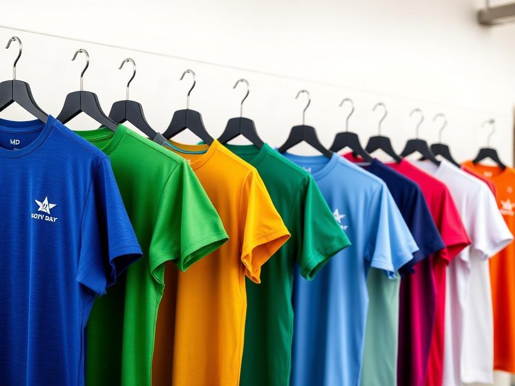Row of T-shirts on hangers in blue, green, yellow, orange, red and white