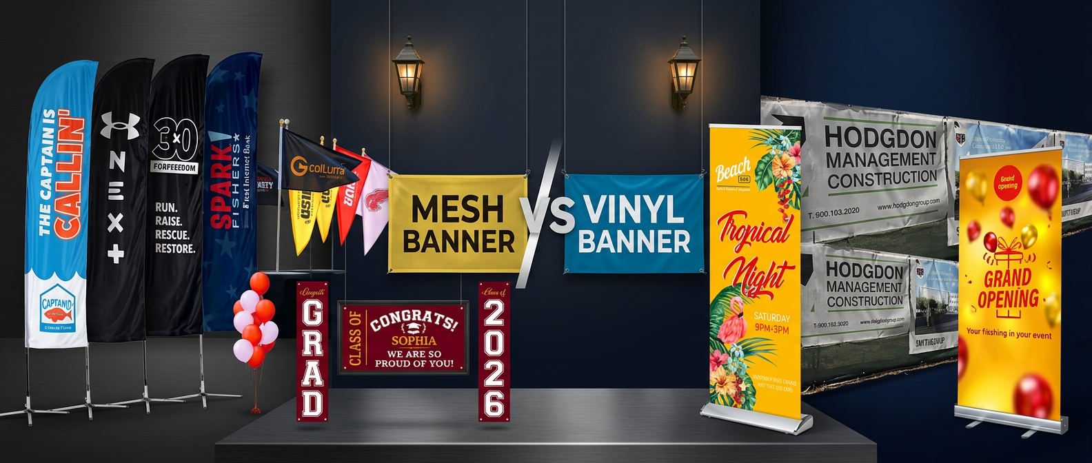 Custom banners, feather flags, retractable banners, and graduation banners displayed at an outdoor event in Columbus Ohio