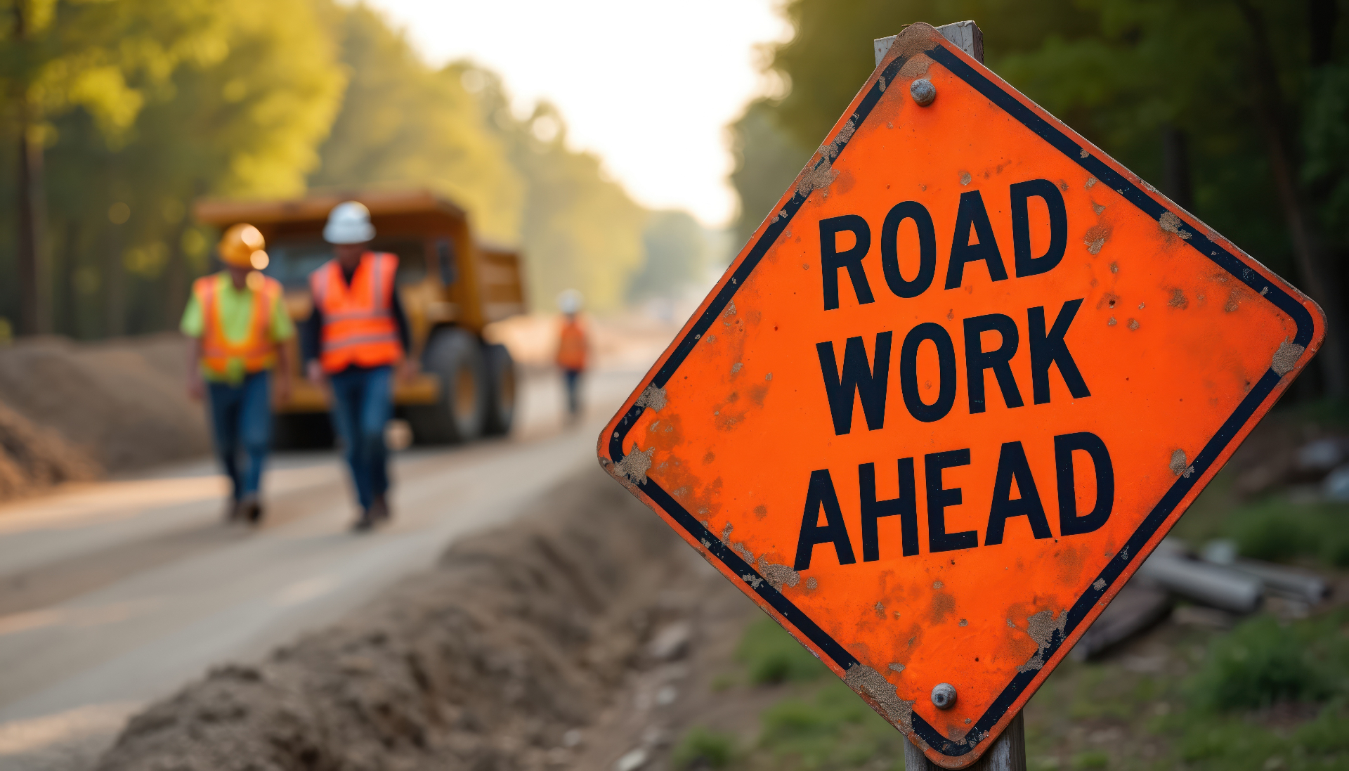 Orange Road Work Ahead sign with Ohio construction crew in high-visibility vests and a dump truck on a road job site at golden hour