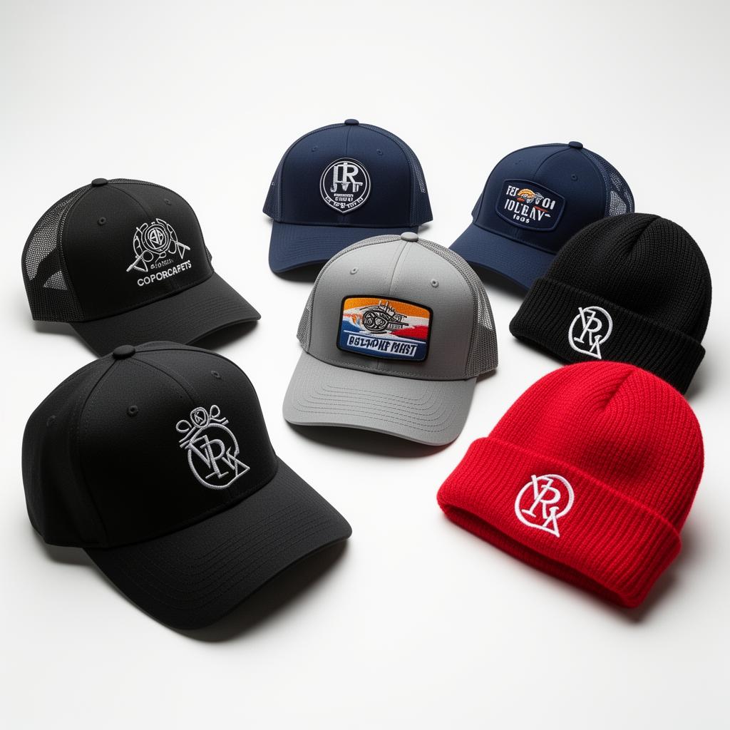 Black, navy and gray ballcaps and black and red knit beanies, each with a stitched or patch logo