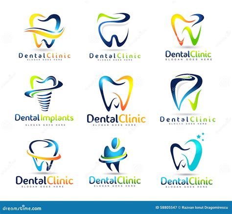 Collection of modern dental clinic logo concepts in various colors and styles