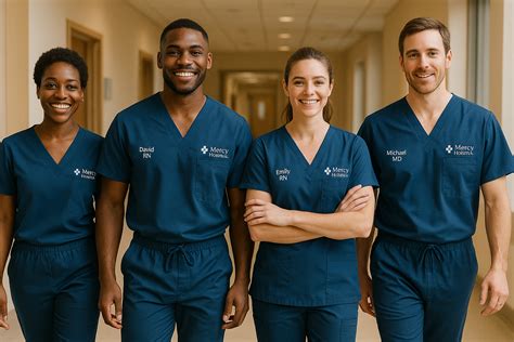 Dental practice team in matching branded navy scrubs with embroidered names and logo