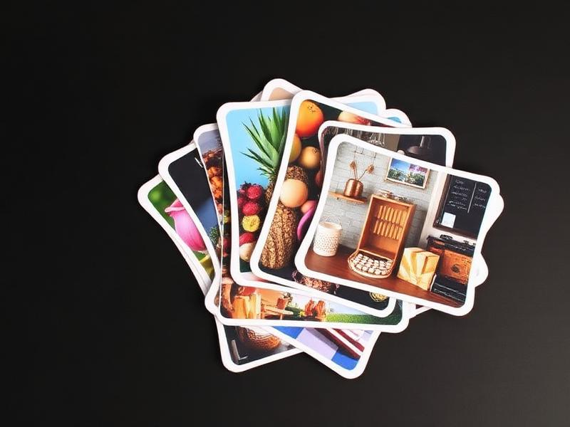Fanned stack of rounded-corner photo postcards on a black surface