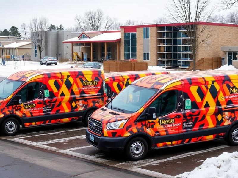 Two cargo vans with matching orange, red and yellow wraps parked in a snowy lot