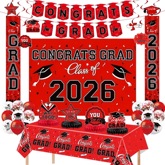 Red graduation decoration set with banners, balloons, and table covers