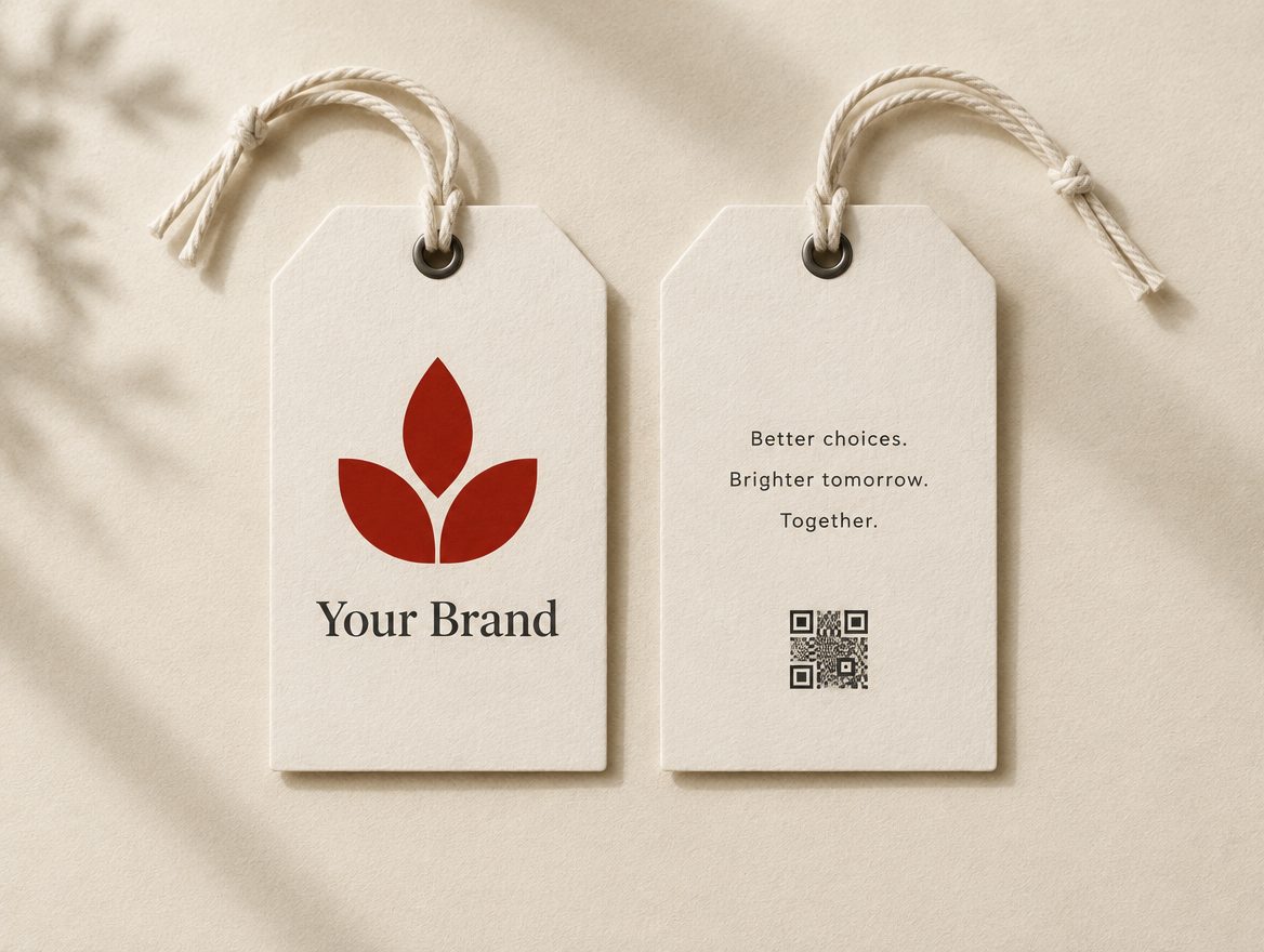 Two cream hang tags side by side, one showing a red logo on the front and one showing short text and a QR code on the back