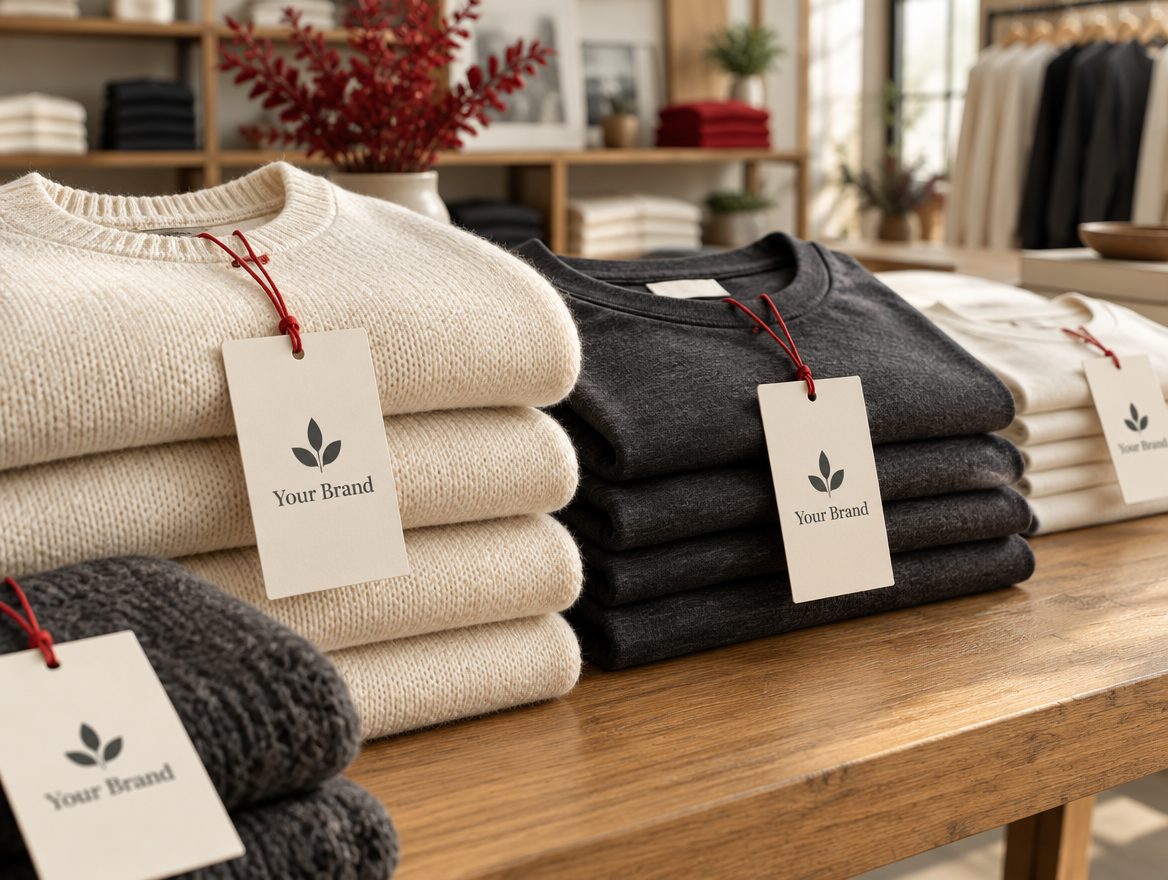 Folded sweaters and T-shirts on a shop table, each with a cream printed hang tag tied on with red string