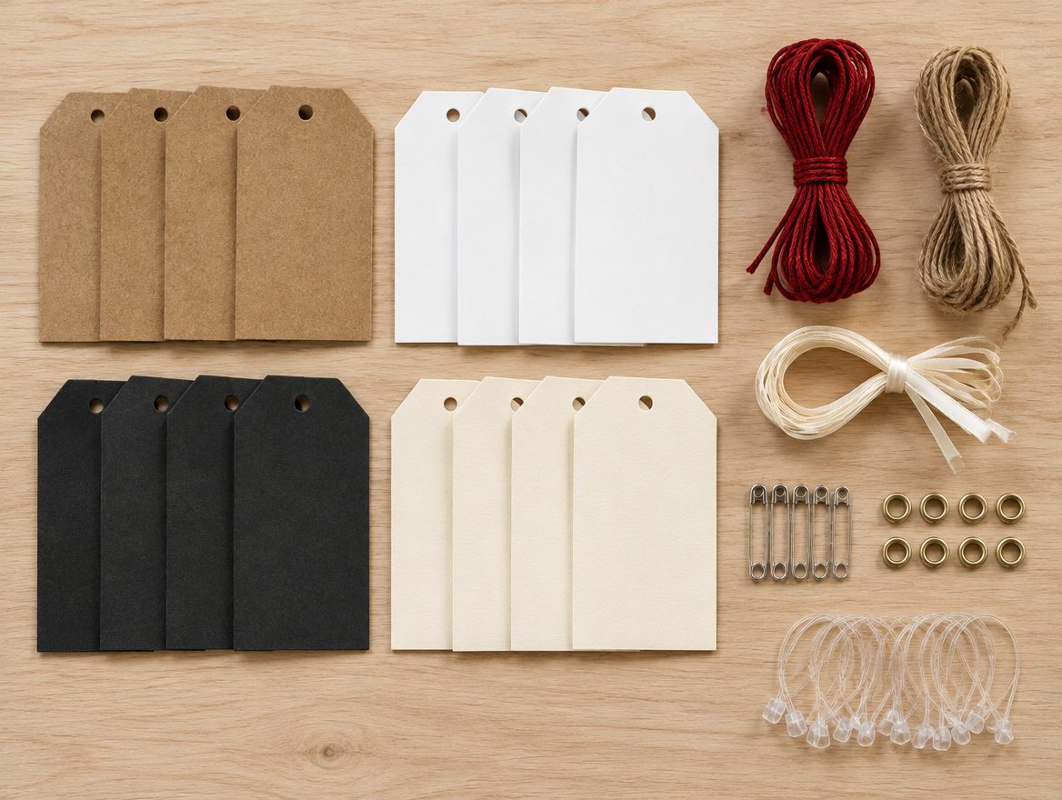 Rows of blank kraft, white, black and cream hang tags beside red string, twine, ribbon, safety pins, eyelets and plastic fasteners