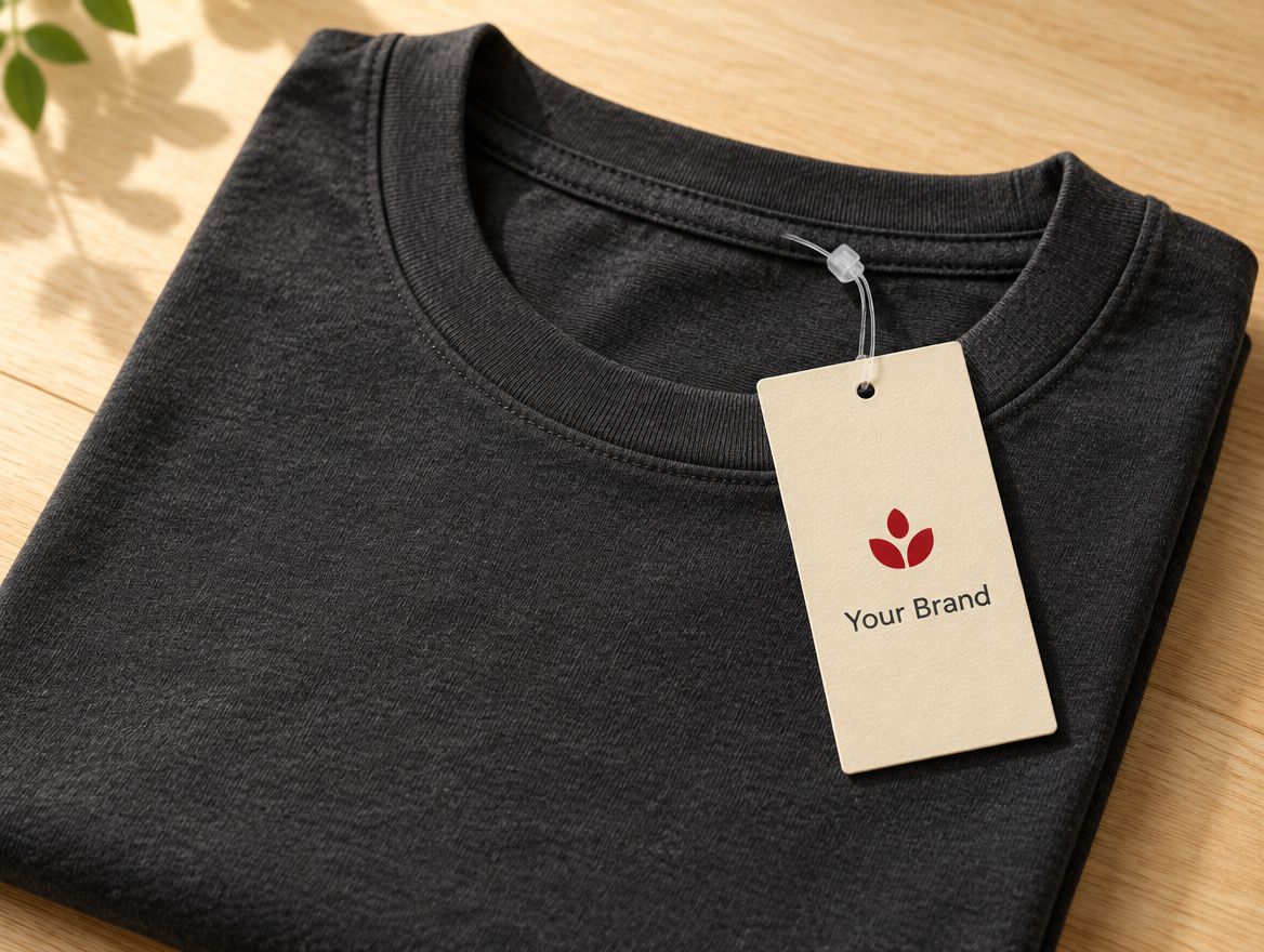 Folded charcoal T-shirt with a cream logo hang tag attached at the collar