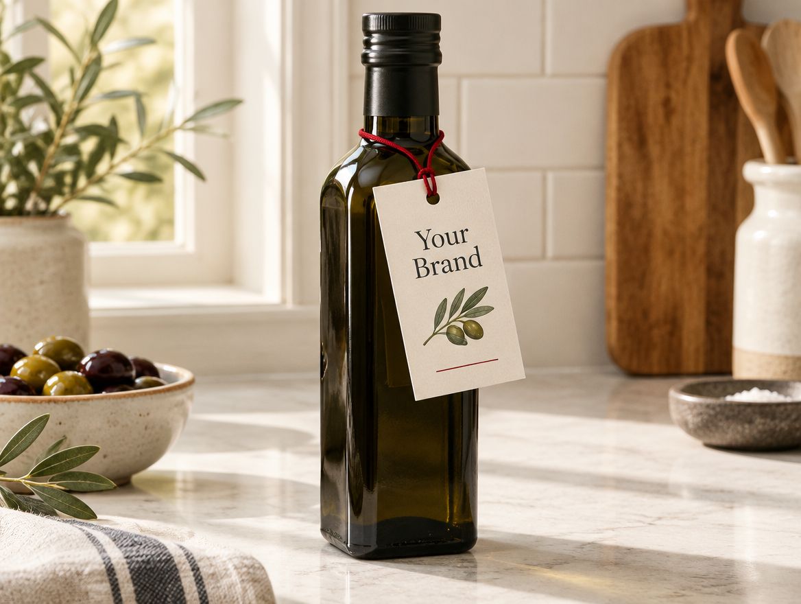 Olive oil bottle on a kitchen counter with a printed neck tag on a red string