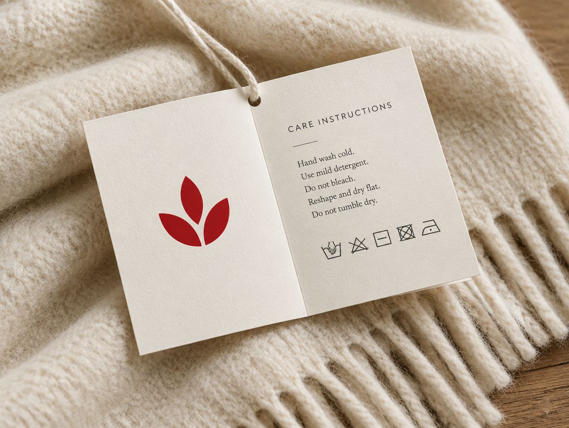Open folded hang tag with a red logo on one side and care instructions on the other, lying on a wool scarf