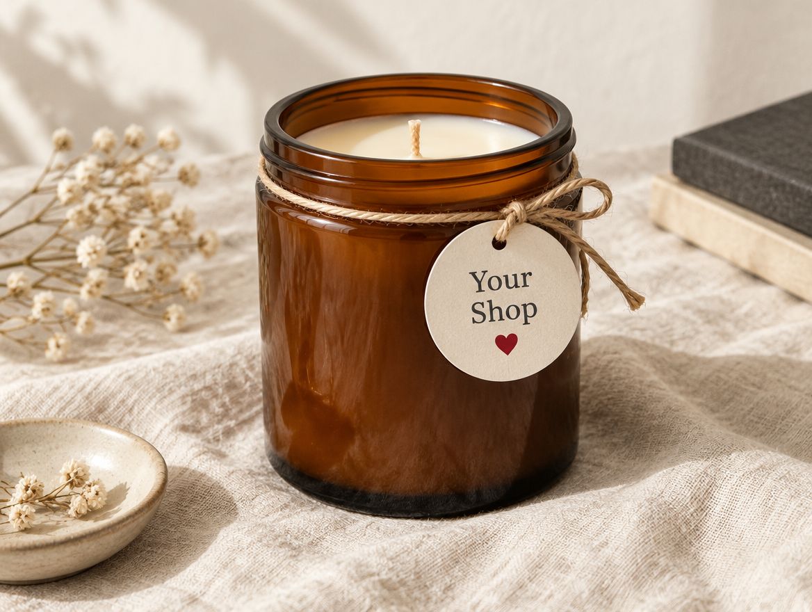 Amber glass candle jar with a round Your Shop gift tag tied on with twine