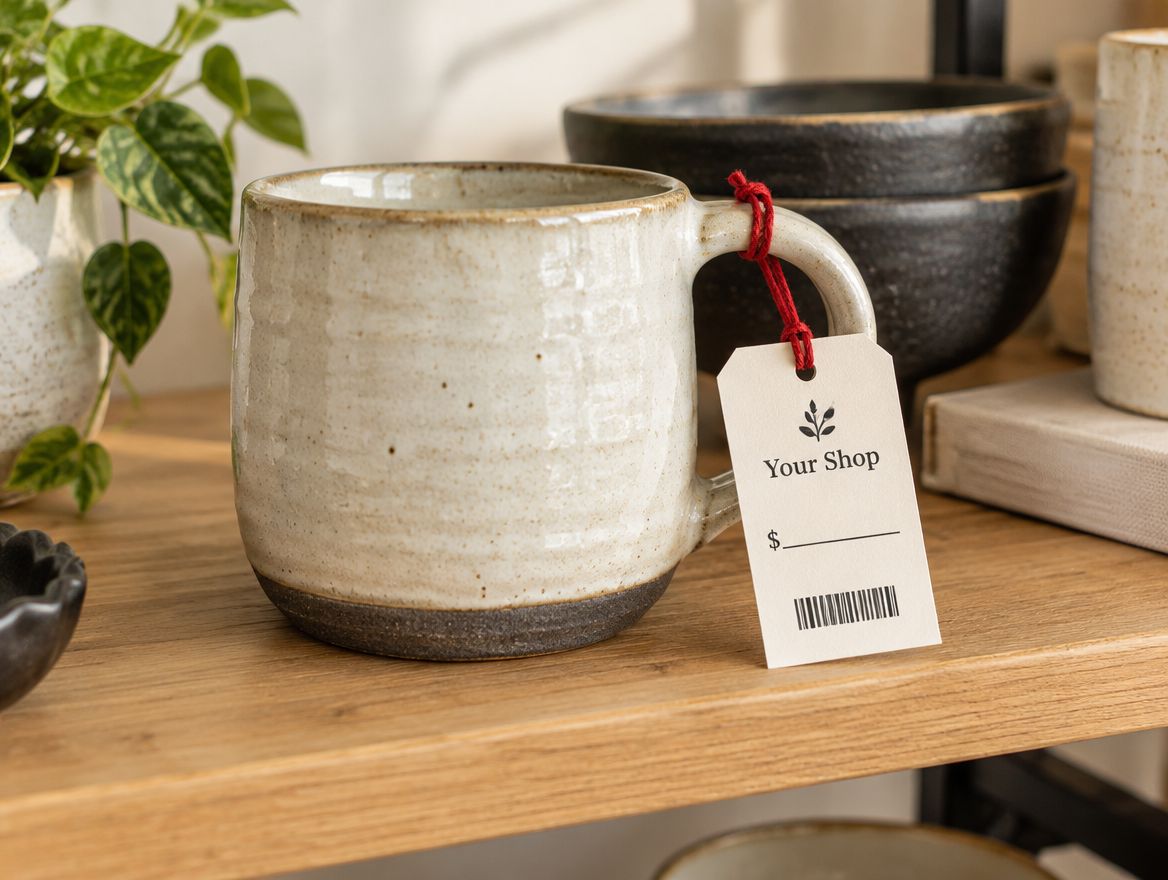 Handmade mug on a shelf with a price tag showing a logo, a blank price line and a barcode