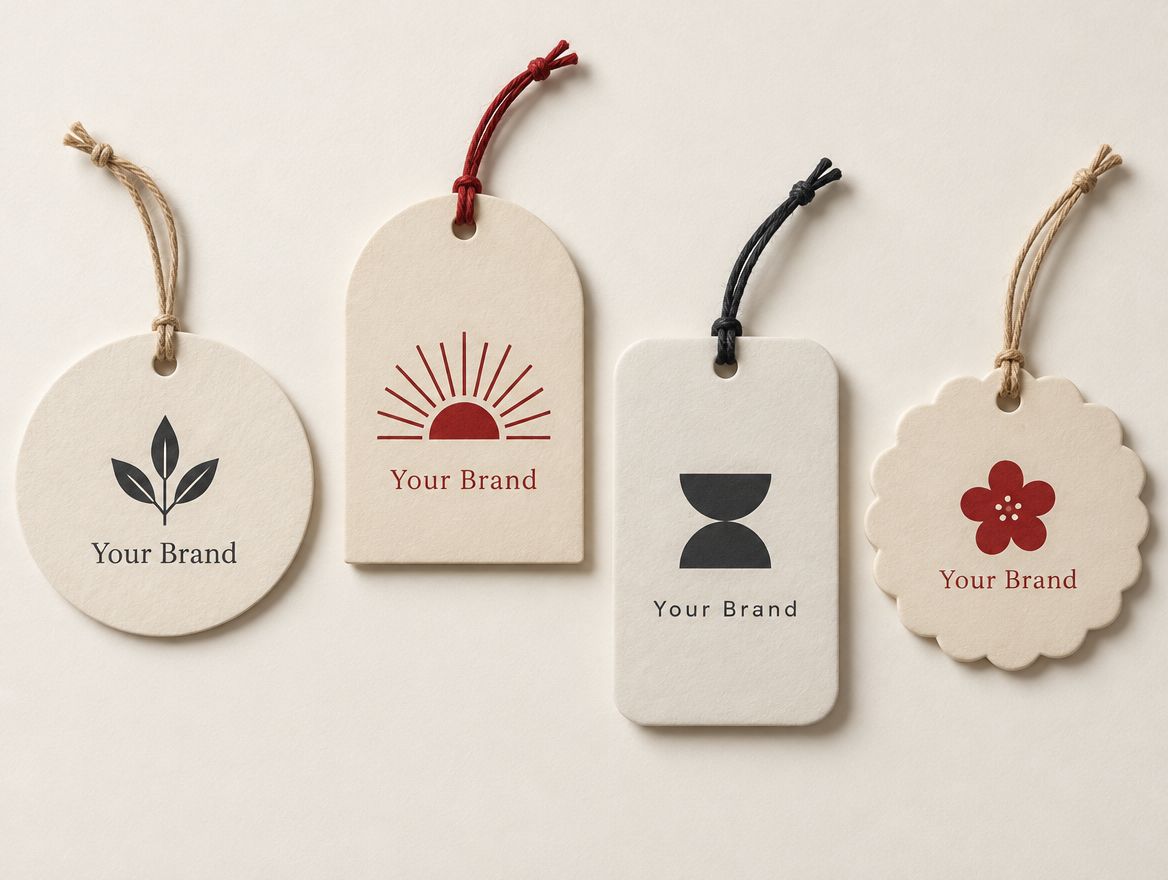 Round, arched, rectangle and scalloped hang tags with logos and strings on a cream surface