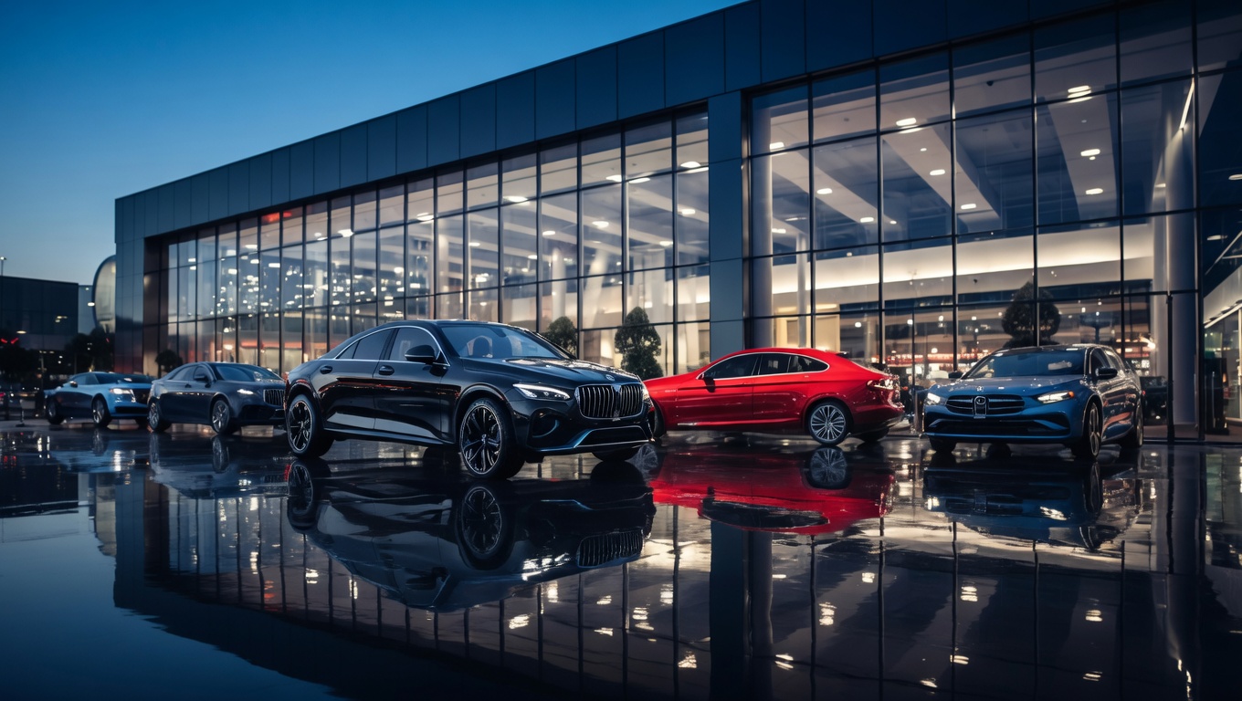 Row of new cars parked in front of a glass-walled dealership showroom at dusk