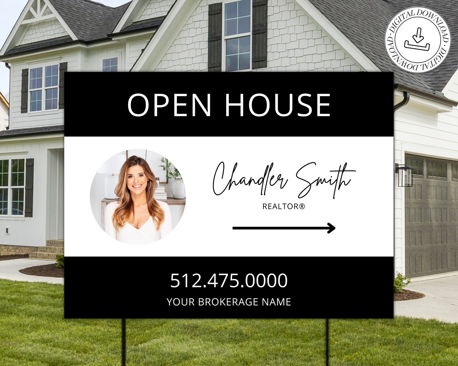 Open house yard sign with an agent photo, a name and an arrow, staked in front of a white two-story house