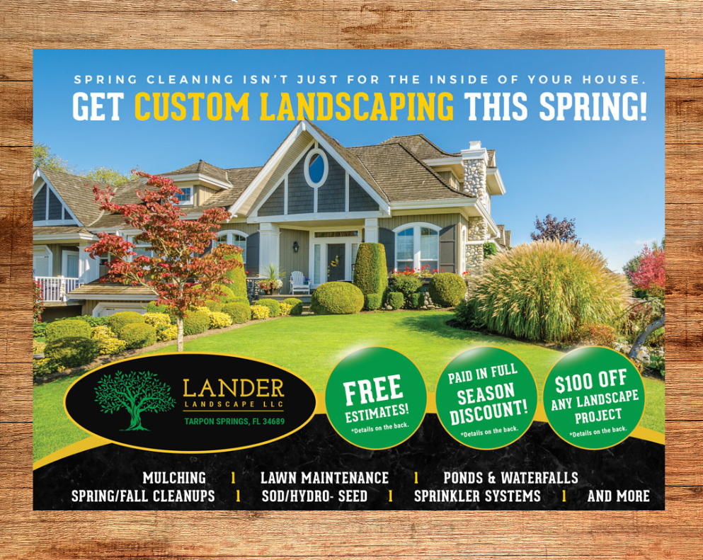 Spring landscaping promotional postcard with seasonal offers and free estimate callouts