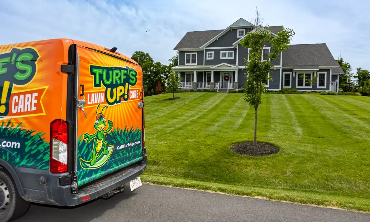 Brightly wrapped lawn care service van parked in front of a freshly striped residential lawn