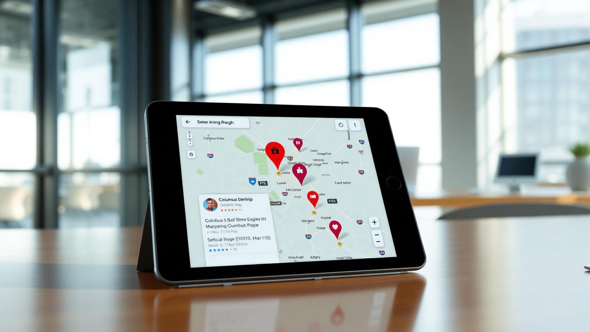 Tablet on a conference table showing a map with red location pins and a business listing
