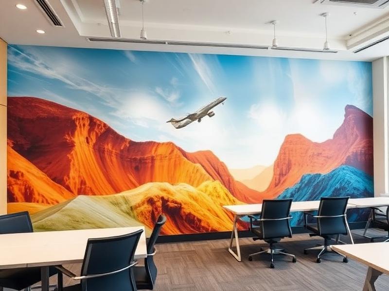Full-wall printed mural of orange canyons and a passenger jet in an office with desks and chairs