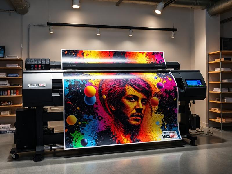 Wide format printer with a large, colorful poster print coming off the roll