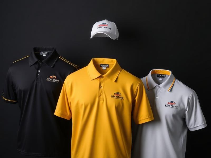 Black, yellow and white polo shirts and a white cap, each with the same small logo