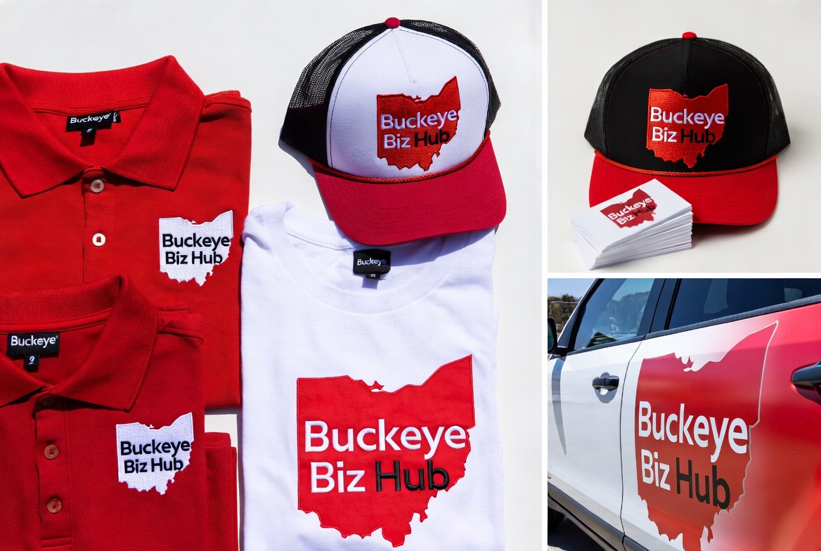 Red polos, a white T-shirt, trucker hats, business cards and a car door all showing the same Buckeye Biz Hub Ohio logo