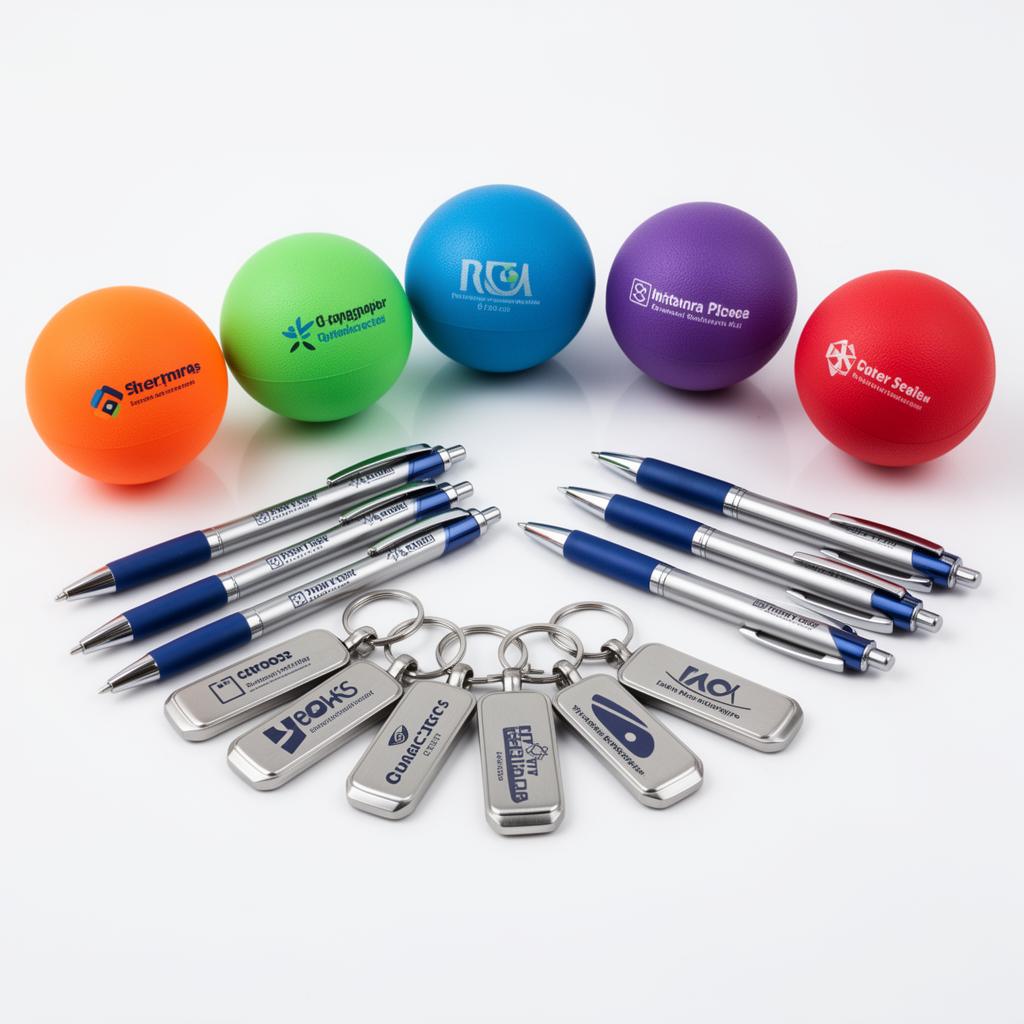 Foam stress balls, metal pens and keychains printed with different logos