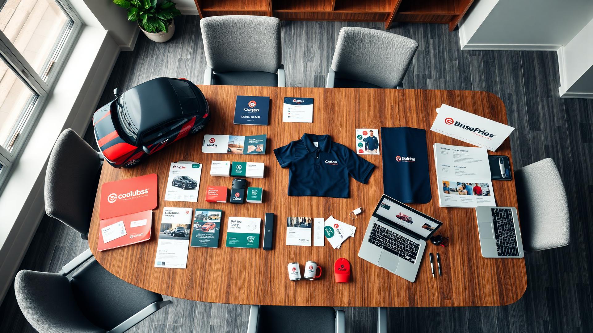 Overhead view of a conference table covered with matching business cards, brochures, a polo shirt, mugs, a cap and a laptop