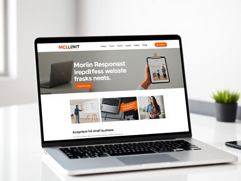 Laptop on a white desk showing a business website with an orange button and photo tiles