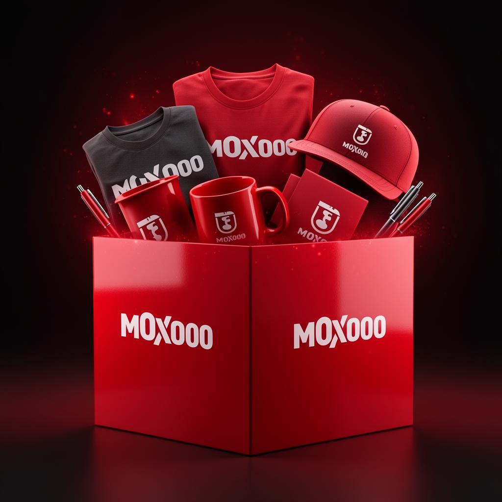 Red printed box with a logo, packed with matching T-shirts, a cap, mugs, a notebook and pens