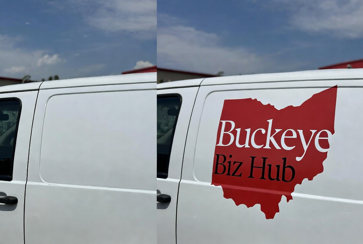 Side of a white van shown blank on the left and with a red Ohio-shaped Buckeye Biz Hub logo on the right