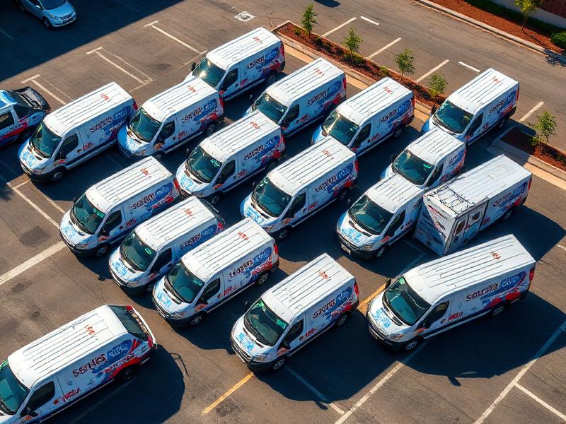 Aerial view of a parking lot full of matching white vans with red and blue graphics