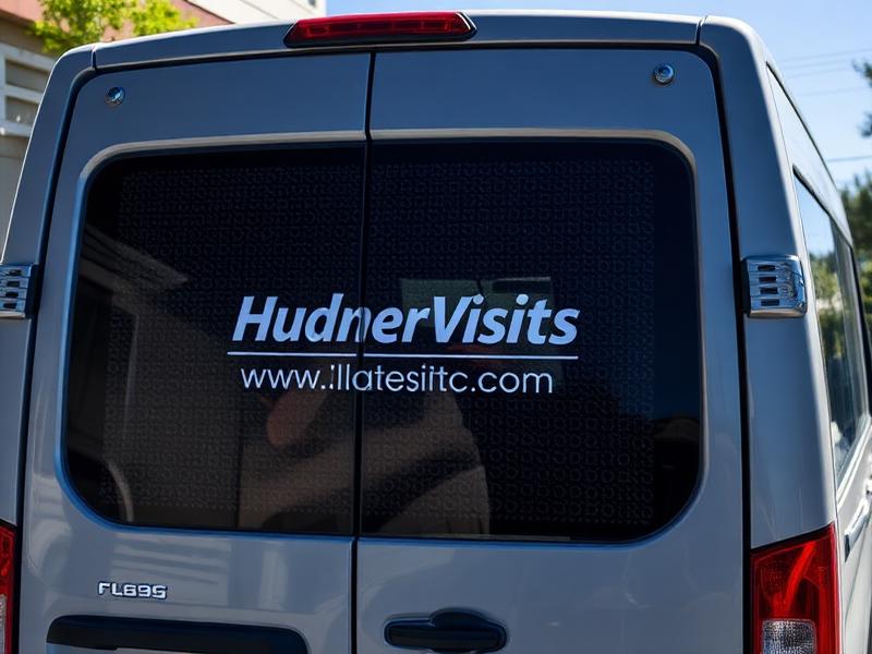 Perforated window film with white lettering across the rear doors of a silver van