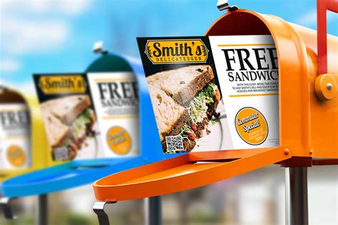 Outdoor promotional display with sandwich image and a bold 'FREE SANDWICH' sign on a bright orange/blue stand, Smith's Delicatessen logo visible.