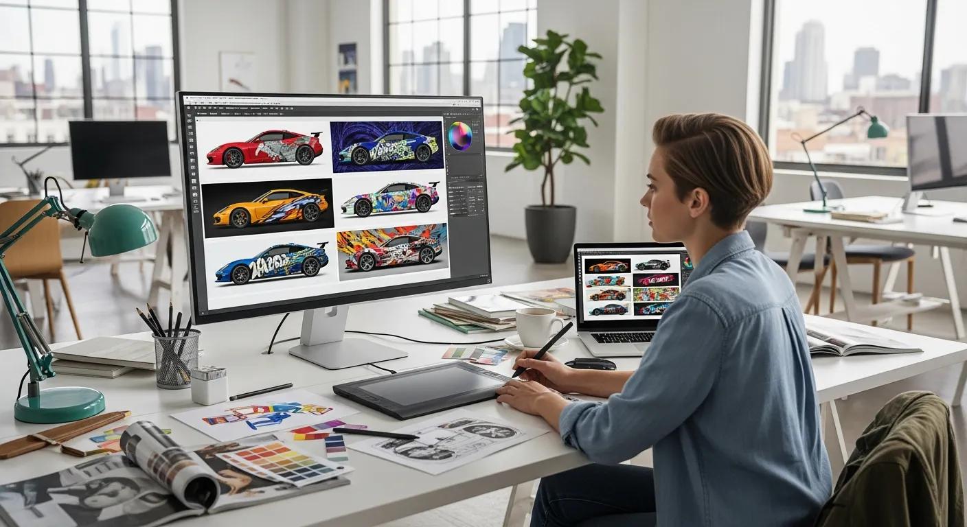 Designer creating vehicle wrap concepts in a bright workspace, highlighting creative process